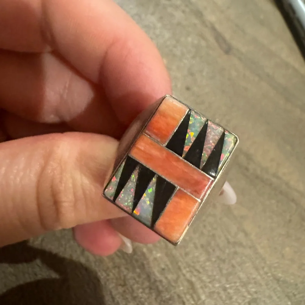 Vintage Native American RS Signed 925 Sterling Opal Inlay Ring 10.2g Sz 10.25 - Picture 5 of 9